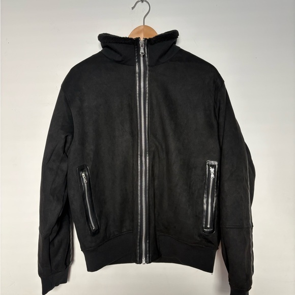 Robert Graham Vegan Suede Bomber Jacket Mens Large Black Fleece Collar NWT - Picture 2 of 10